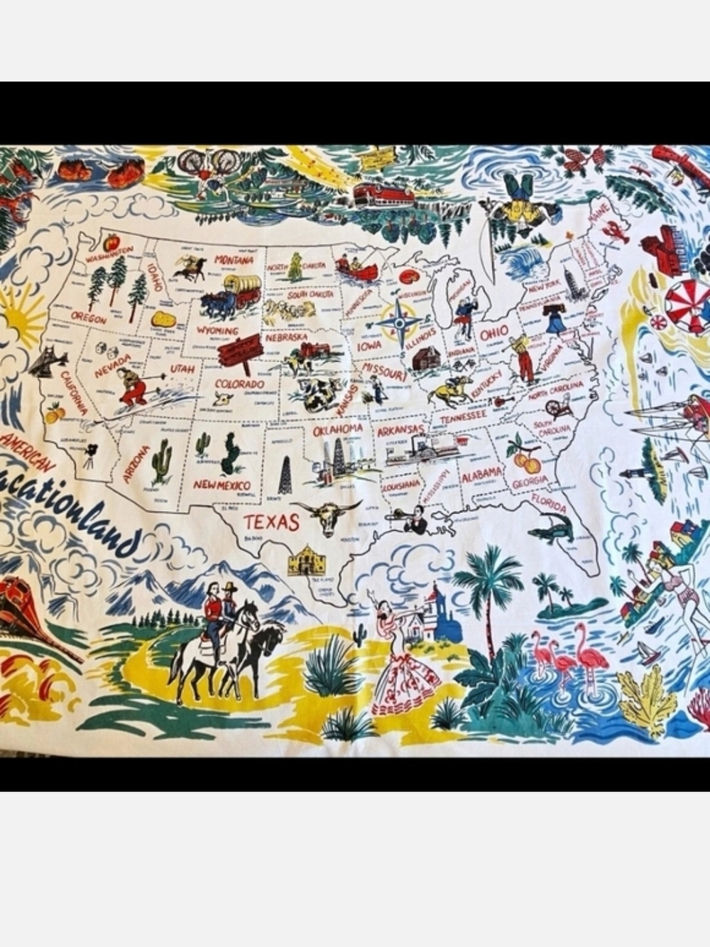 RARE Vintage Vacationland Illustrated Cotton Tablecloth - Blue/Red/Yellow/Green